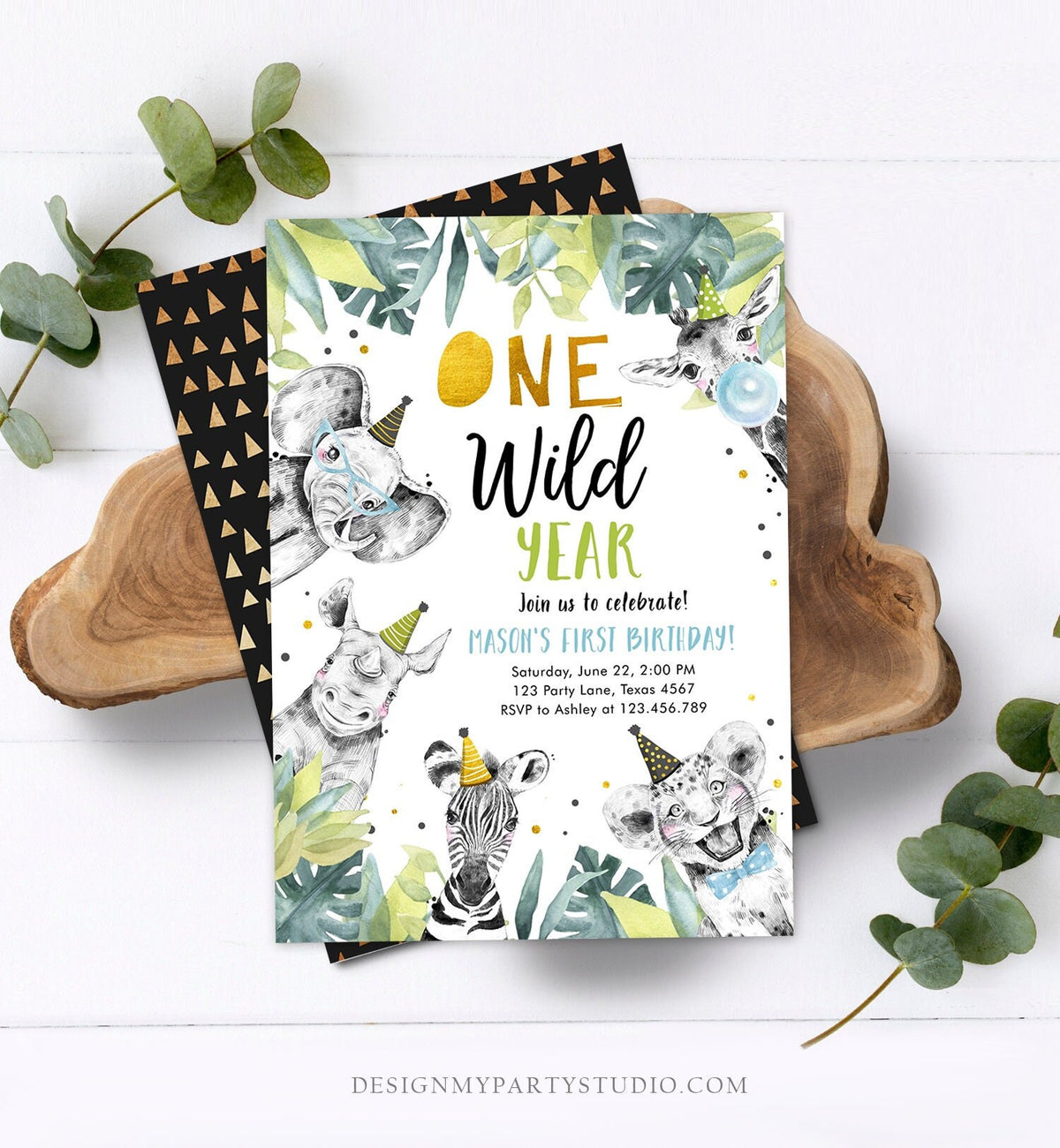 Editable One Wild Year Birthday Invitation Safari Party Animals Boy Gold First Birthday Wild One Monochrome Evite Template Printable 0322