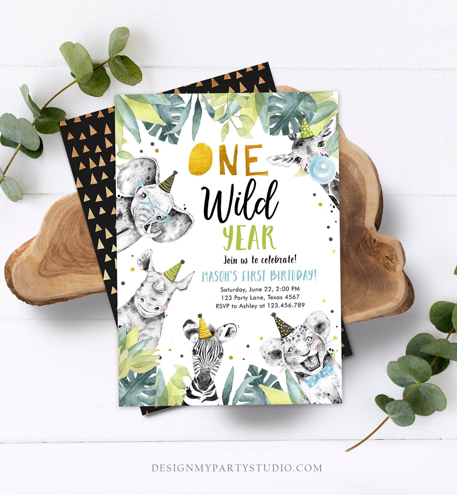 Editable One Wild Year Birthday Invitation Safari Party Animals Boy Gold First Birthday Wild One Monochrome Evite Template Printable 0322