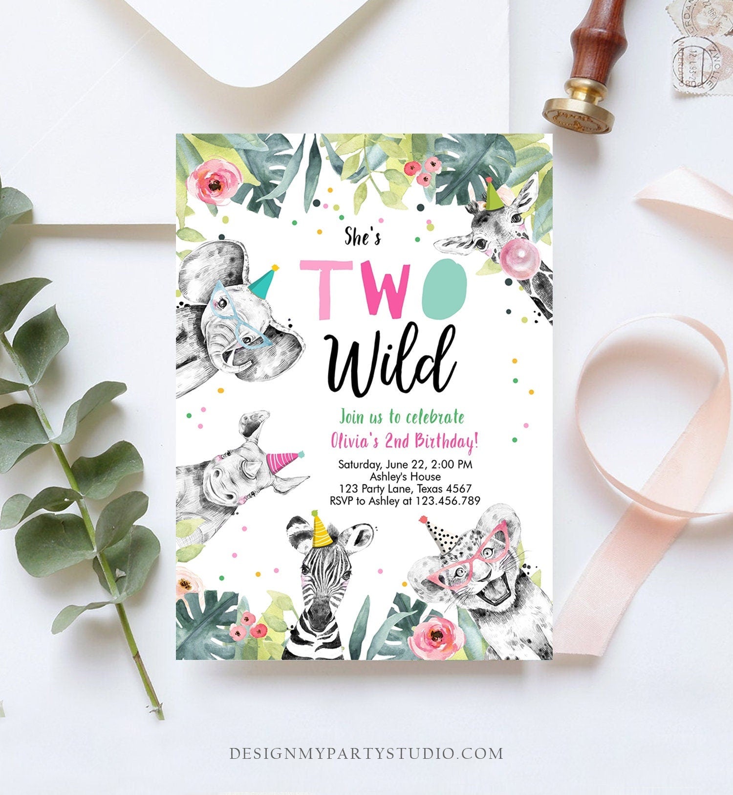Editable Two Wild Birthday Invitation Girl Safari Animals Party Animals Second Birthday 2nd Digital Download Corjl Template Printable 0322