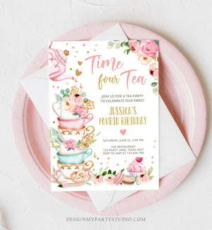 Editable Time Four Tea Birthday Invitation Girl Tea Party Invite Pink Gold Floral Peach Fourth Birthday 4th Corjl Template Printable 0349