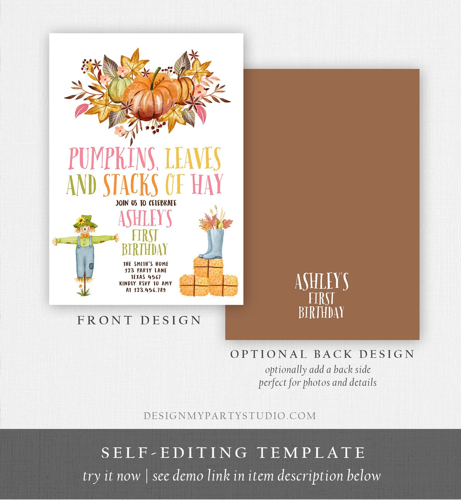 Editable Pumpkin Birthday Invitation Fall Harvest Girl Pink Autumn 1st Birthday Pumpkin Party Fall Digital Download Template Printable 0488