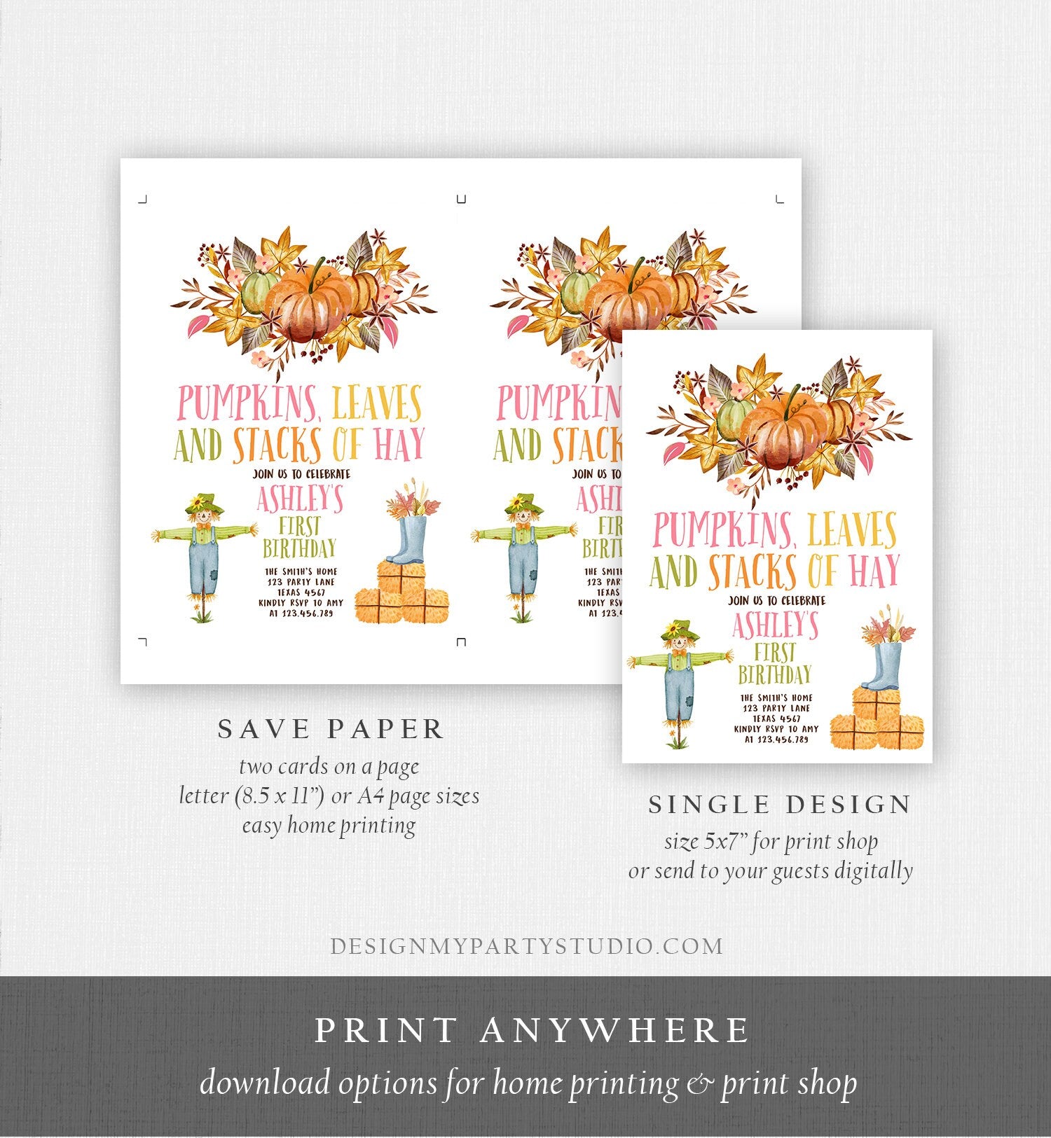 Editable Pumpkin Birthday Invitation Fall Harvest Girl Pink Autumn 1st Birthday Pumpkin Party Fall Digital Download Template Printable 0488