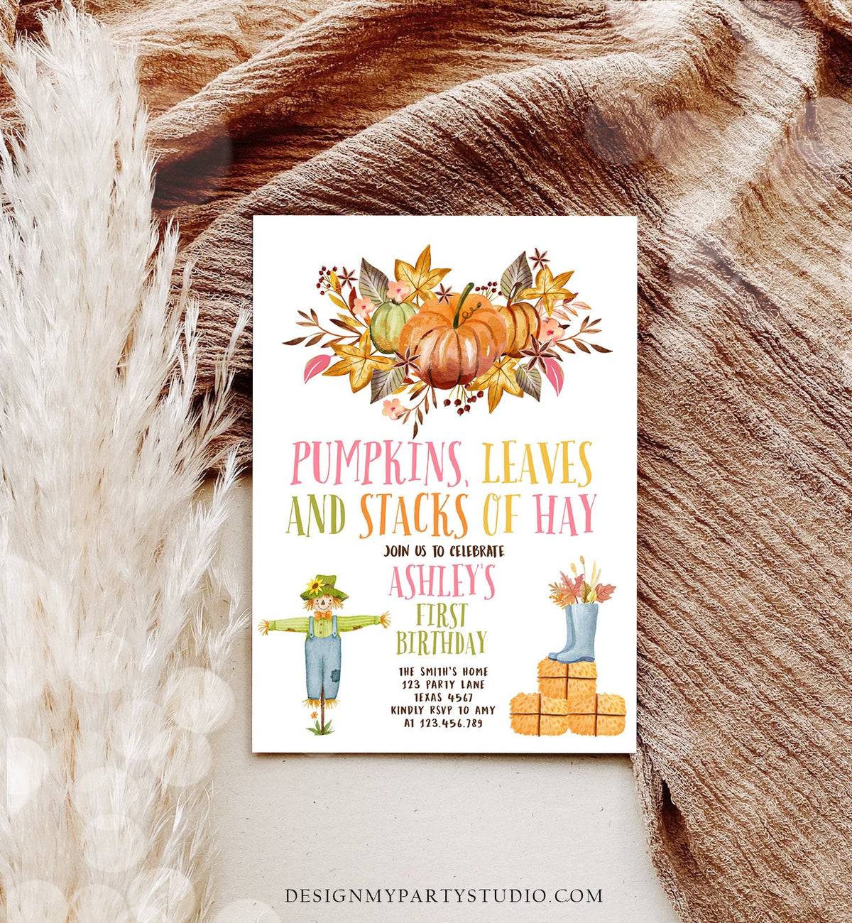 Editable Pumpkin Birthday Invitation Fall Harvest Girl Pink Autumn 1st Birthday Pumpkin Party Fall Digital Download Template Printable 0488