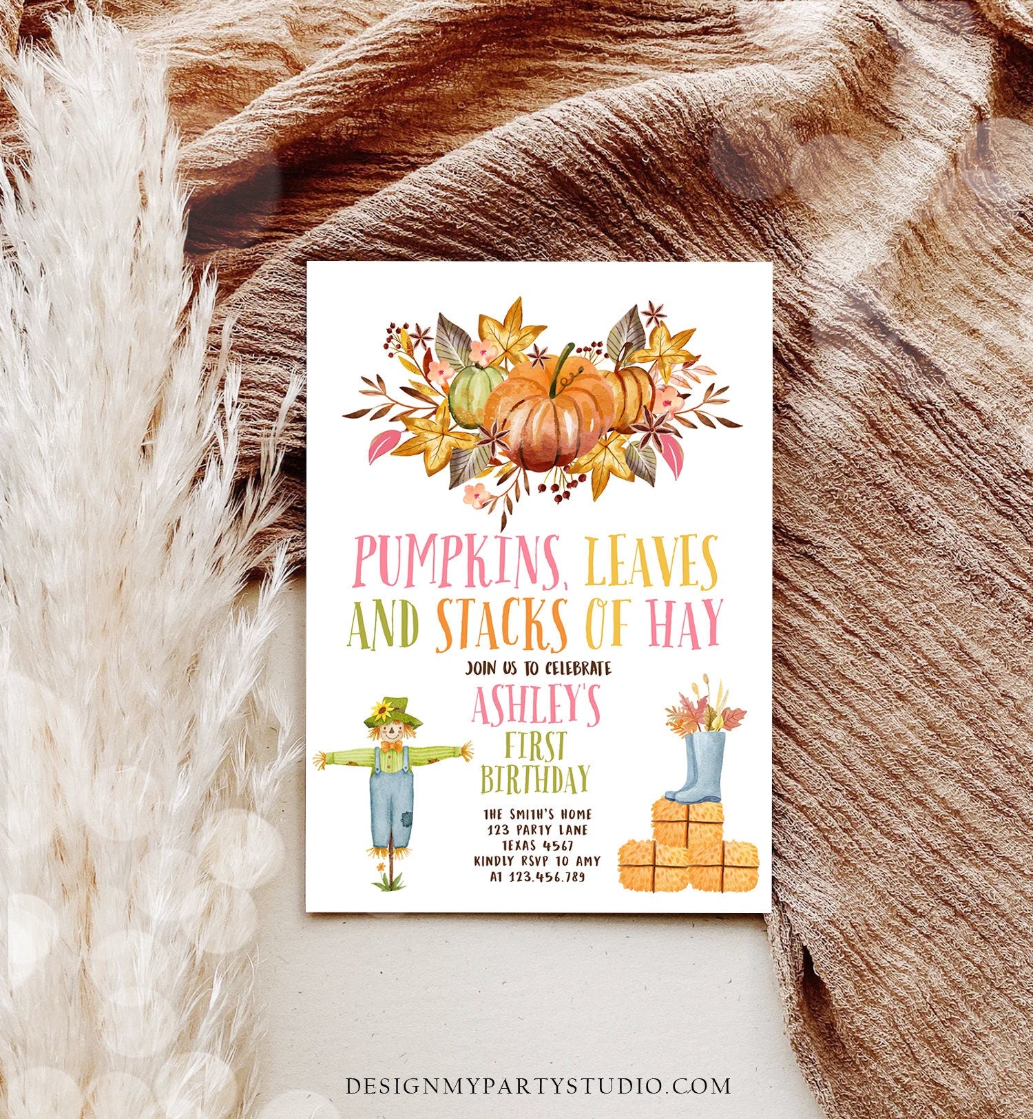 Editable Pumpkin Birthday Invitation Fall Harvest Girl Pink Autumn 1st Birthday Pumpkin Party Fall Digital Download Template Printable 0488