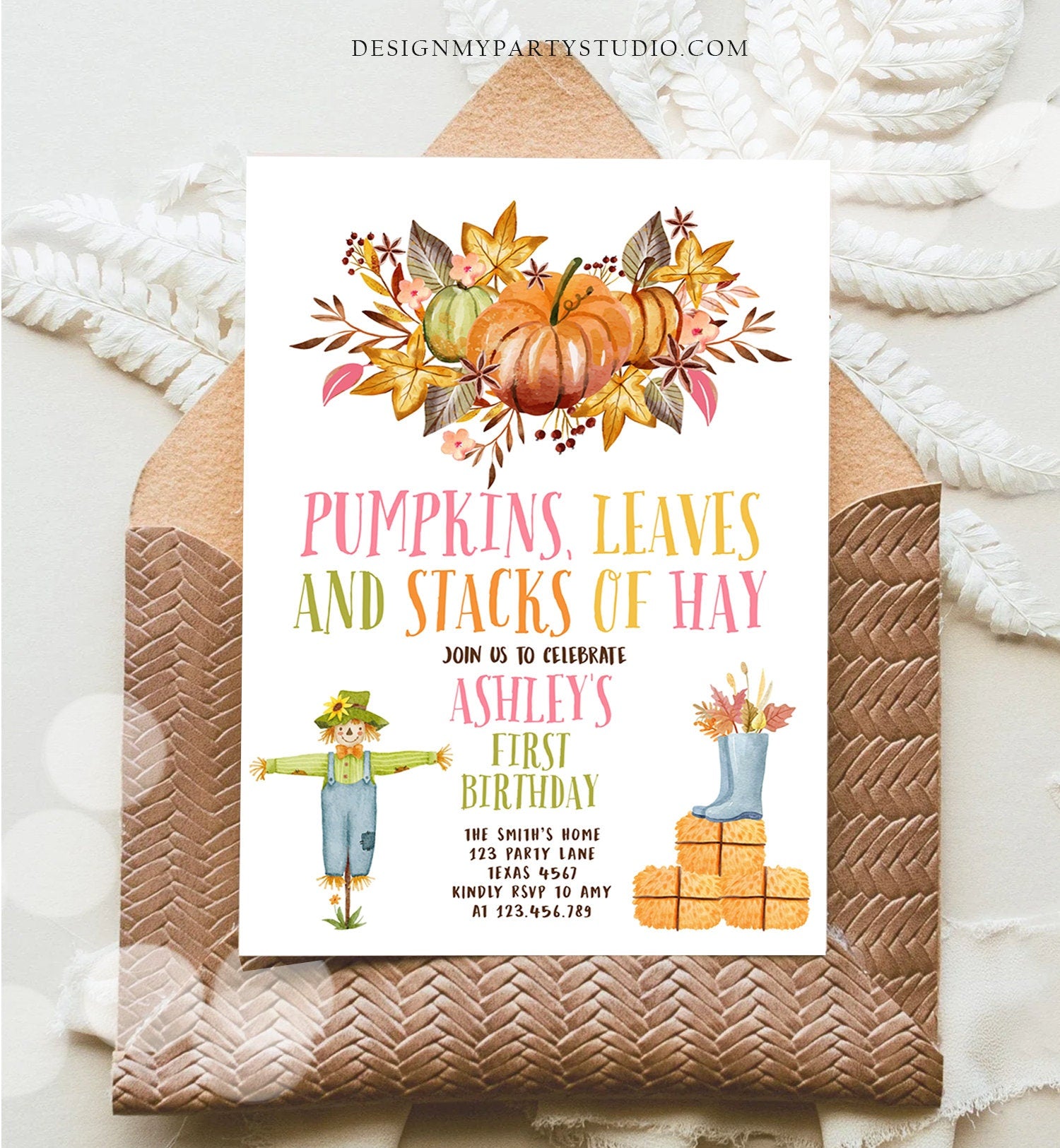 Editable Pumpkin Birthday Invitation Fall Harvest Girl Pink Autumn 1st Birthday Pumpkin Party Fall Digital Download Template Printable 0488