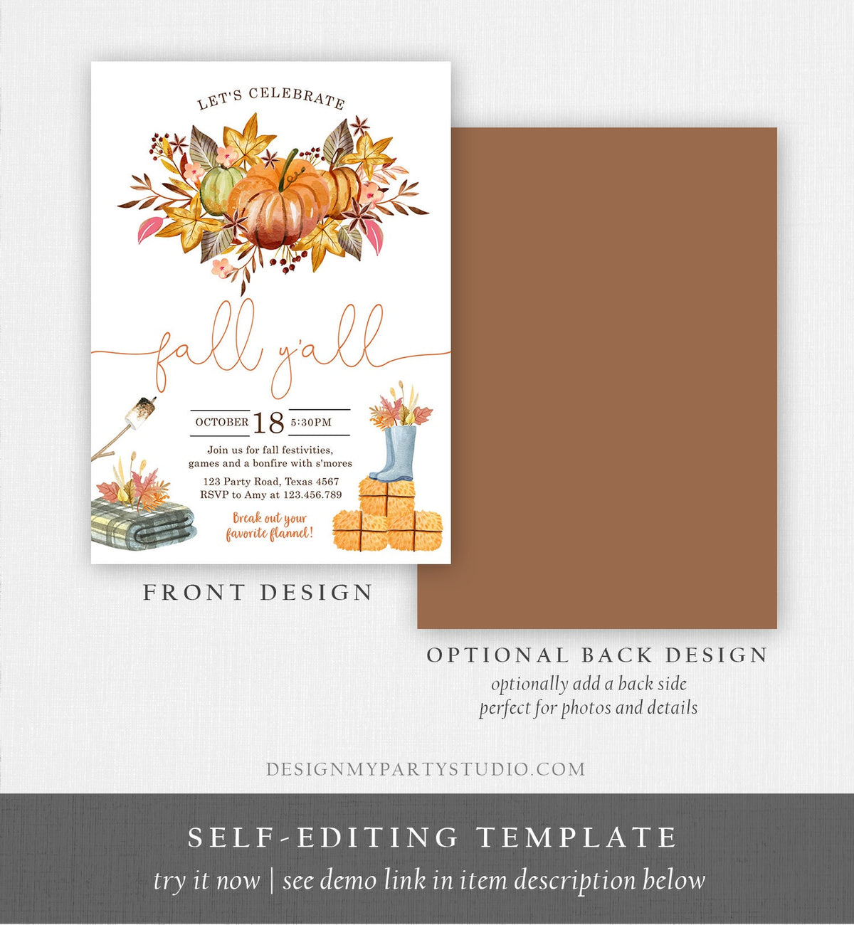 Editable Fall Y&#39;all Party Invitation Fall Festival Party Backyard Bonfire Neighborhood All Things Fall Harvest Fall Fest Template Corjl 0488