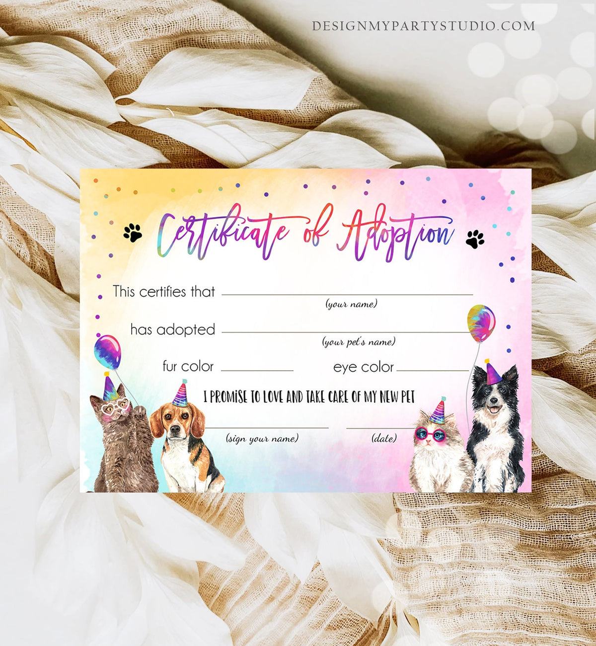 Pet Adoption Certificate Cats and Dogs Birthday Party Adopt A Pet Girl Pawty Kitten Dog Adoption Puppy Party Download Digital PRINTABLE 0460