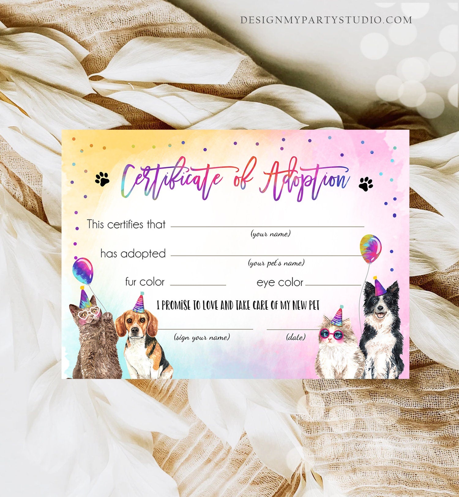 Pet Adoption Certificate Cats and Dogs Birthday Party Adopt A Pet Girl Pawty Kitten Dog Adoption Puppy Party Download Digital PRINTABLE 0460