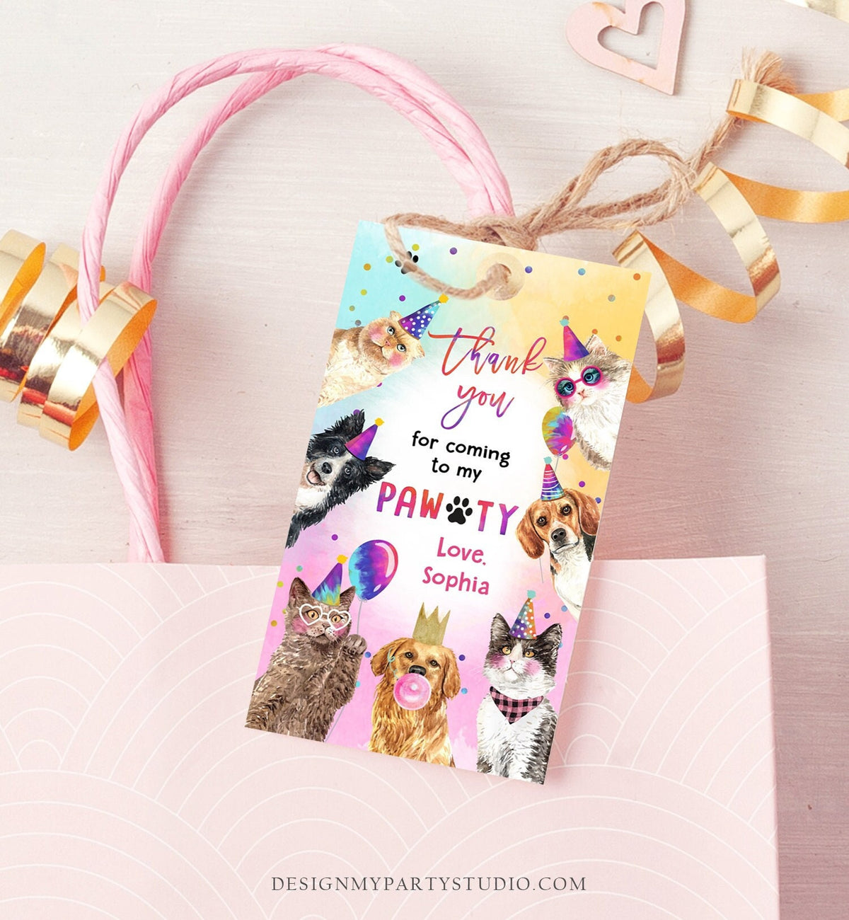 Editable Cats and Dogs Favor tags Cat Birthday Thank you tag Girl Puppy Birthday Cat Party Animals Dog Pawty Digital Template Printable 0460