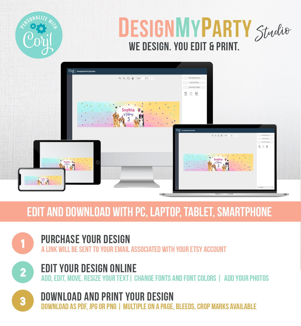 Editable Dog Water Bottle Label Puppy Birthday Party Doggy Pet Vet Pawty Birthday Decor Girl Digital Download Template Printable 0460