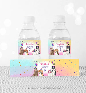 Editable Cats and Dogs Water Bottle Labels Dog Birthday Puppy Party Kitten Pet Cat Birthday Decor Printable Bottle Wrap Template Corjl 0460