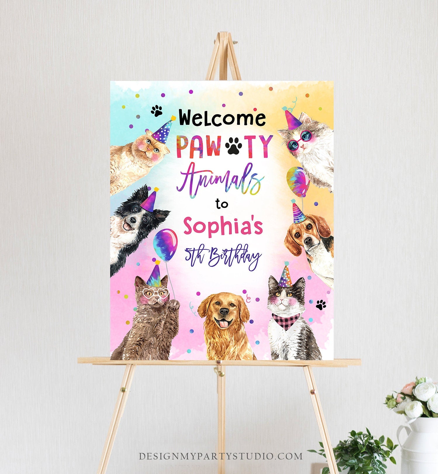 Editable Cats and Dogs Birthday Party Animals Welcome Sign Kitten Birthday Puppy Dog Pawty Animals Cute Kitten Template Corjl PRINTABLE 0460
