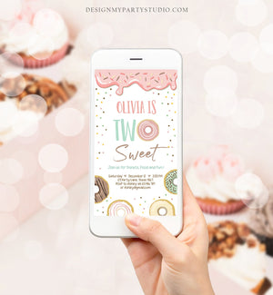Editable Donut Two Sweet Birthday Invitation Second Birthday Party Pink Girl Doughnut 2nd Digital Download Phone Evite Electronic Corjl 0320