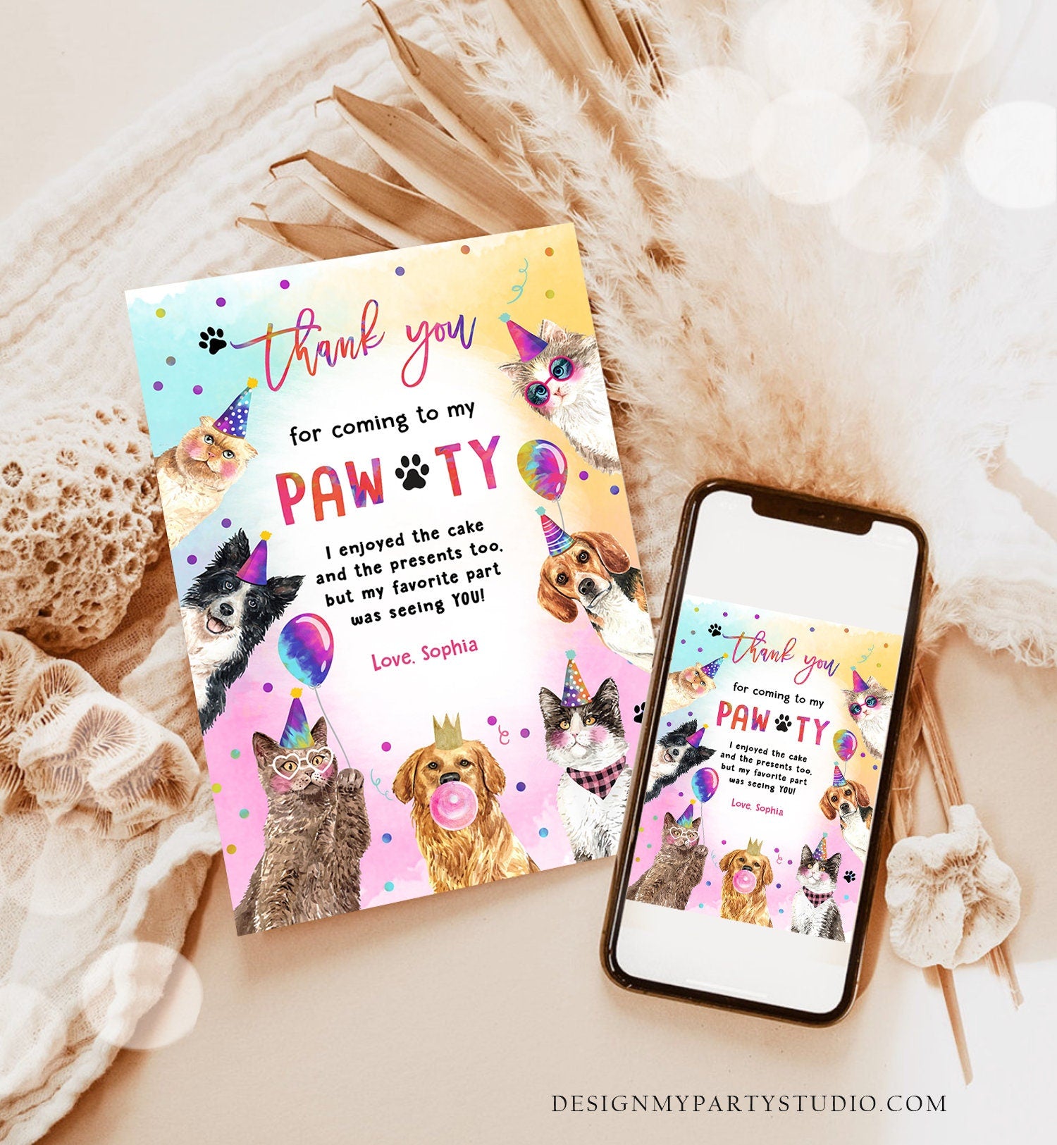 Editable Cats and Dogs Birthday Thank You Card Puppy Birthday Invite Pawty Birthday Party Animals Pet Download Printable Template Corjl 0460