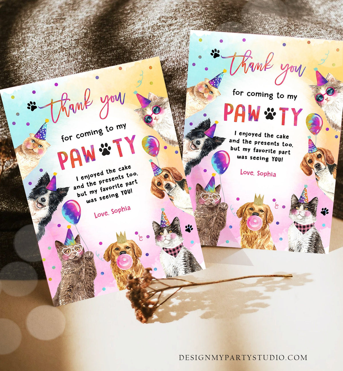 Editable Cats and Dogs Birthday Thank You Card Puppy Birthday Invite Pawty Birthday Party Animals Pet Download Printable Template Corjl 0460