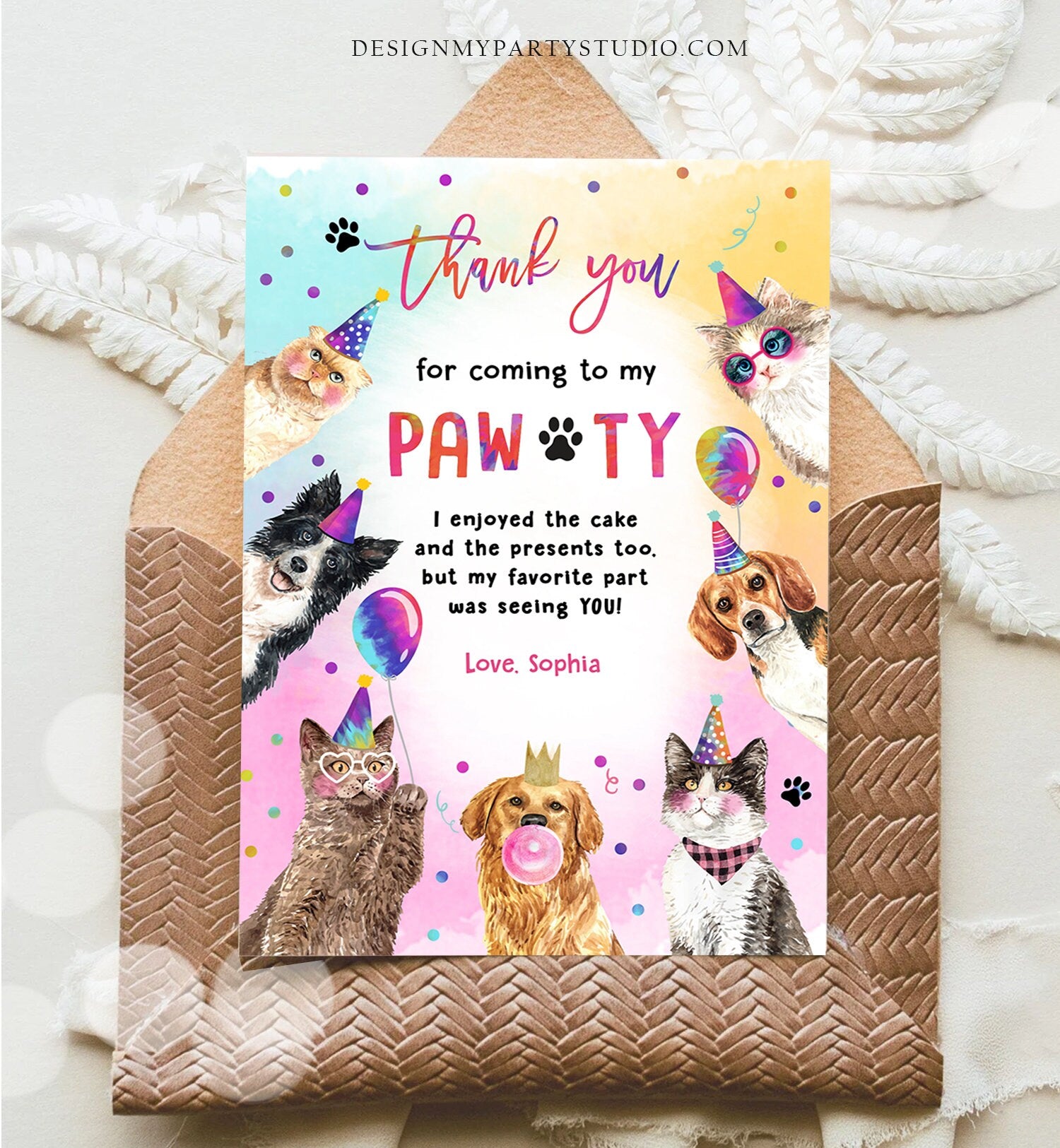 Editable Cats and Dogs Birthday Thank You Card Puppy Birthday Invite Pawty Birthday Party Animals Pet Download Printable Template Corjl 0460