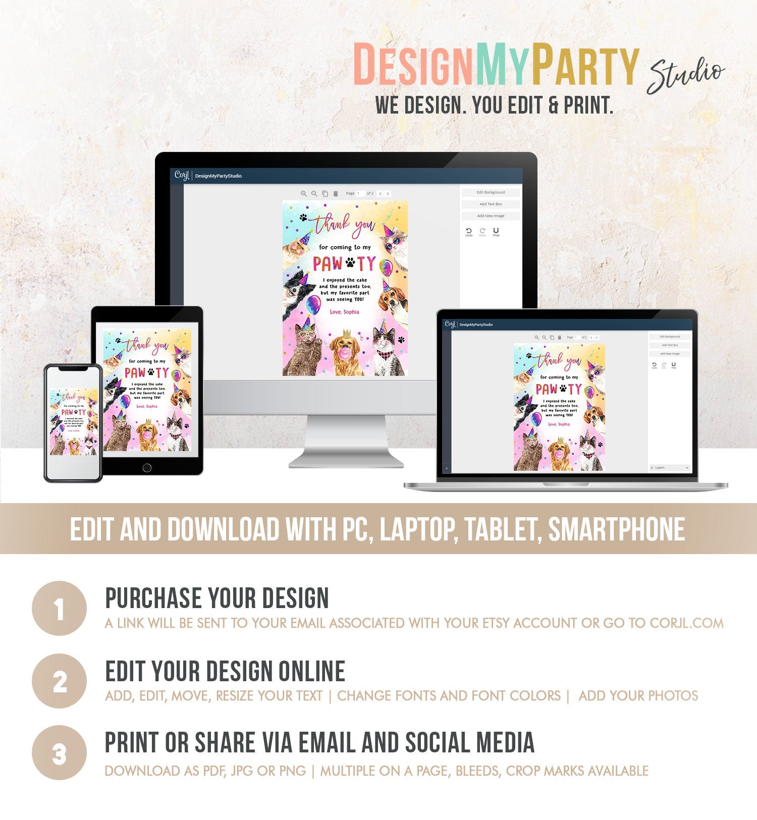 Editable Cats and Dogs Birthday Thank You Card Puppy Birthday Invite Pawty Birthday Party Animals Pet Download Printable Template Corjl 0460