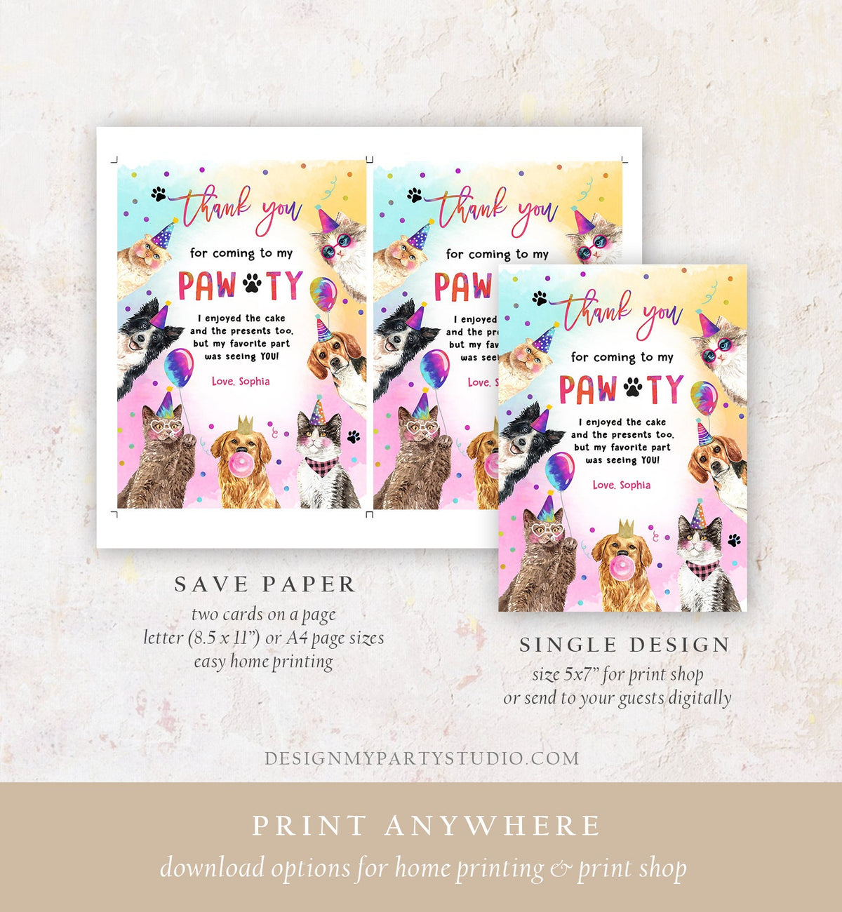 Editable Cats and Dogs Birthday Thank You Card Puppy Birthday Invite Pawty Birthday Party Animals Pet Download Printable Template Corjl 0460