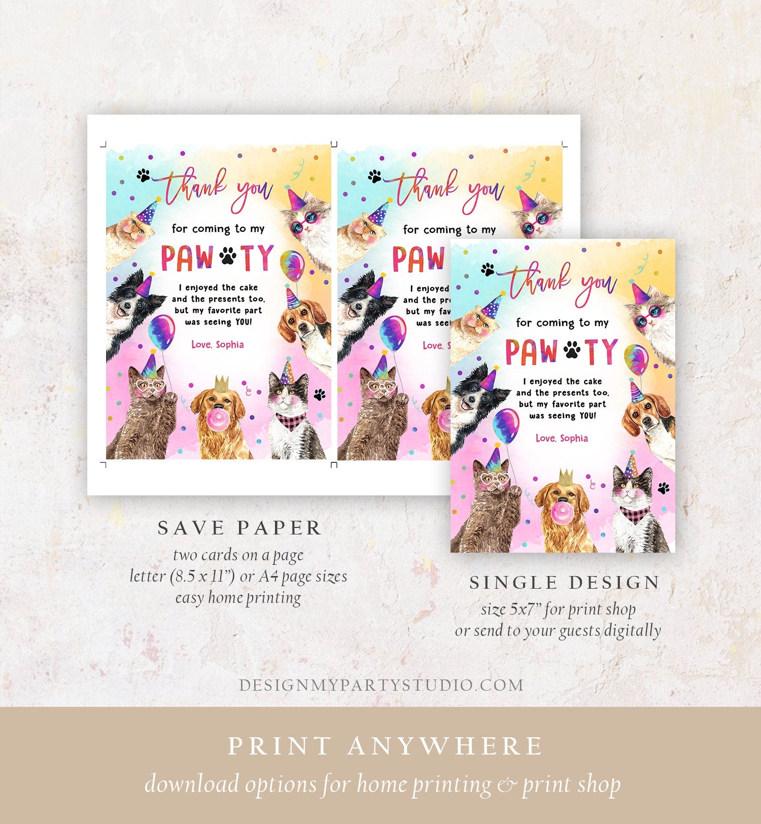 Editable Cats and Dogs Birthday Thank You Card Puppy Birthday Invite Pawty Birthday Party Animals Pet Download Printable Template Corjl 0460