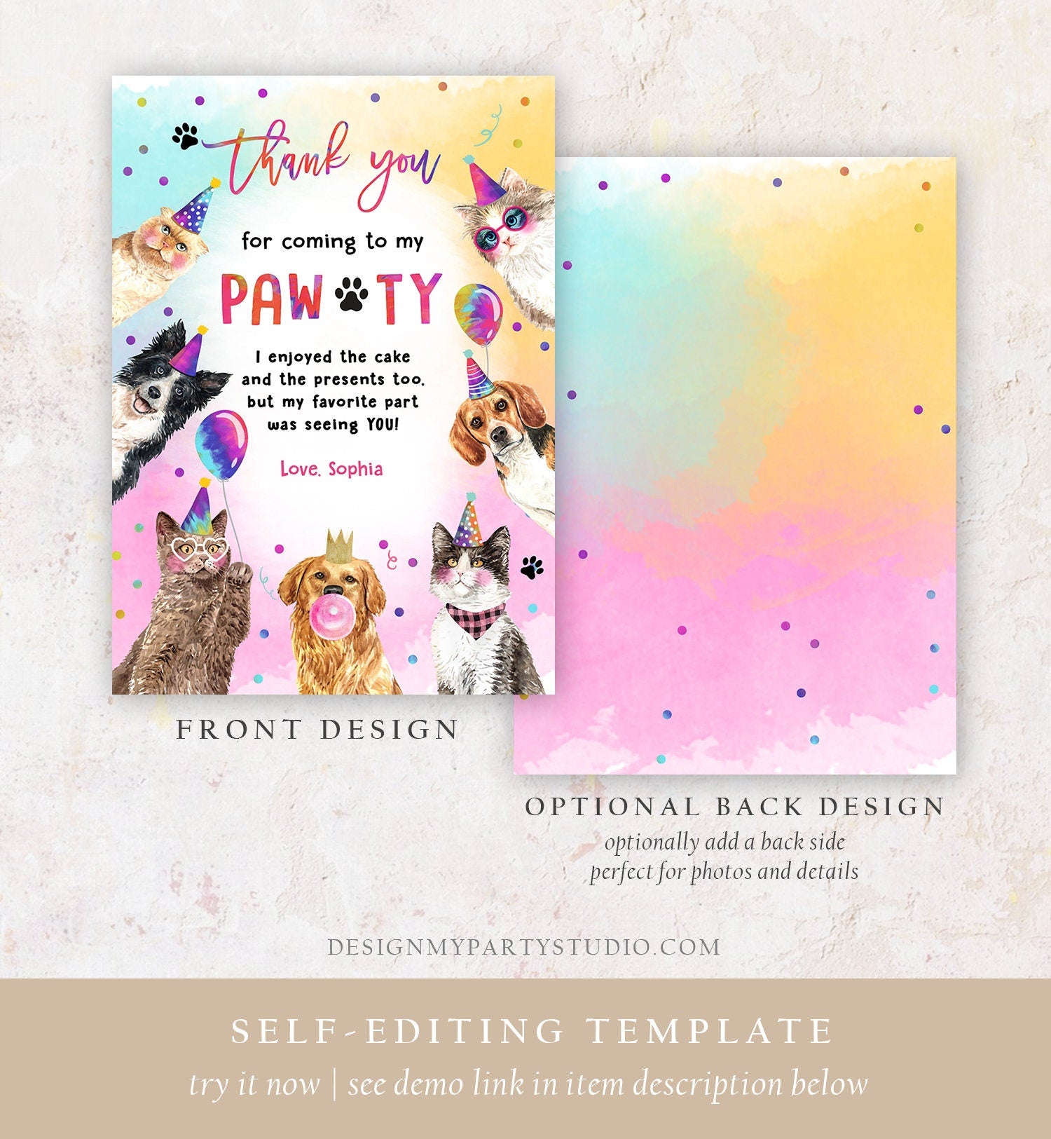 Editable Cats and Dogs Birthday Thank You Card Puppy Birthday Invite Pawty Birthday Party Animals Pet Download Printable Template Corjl 0460