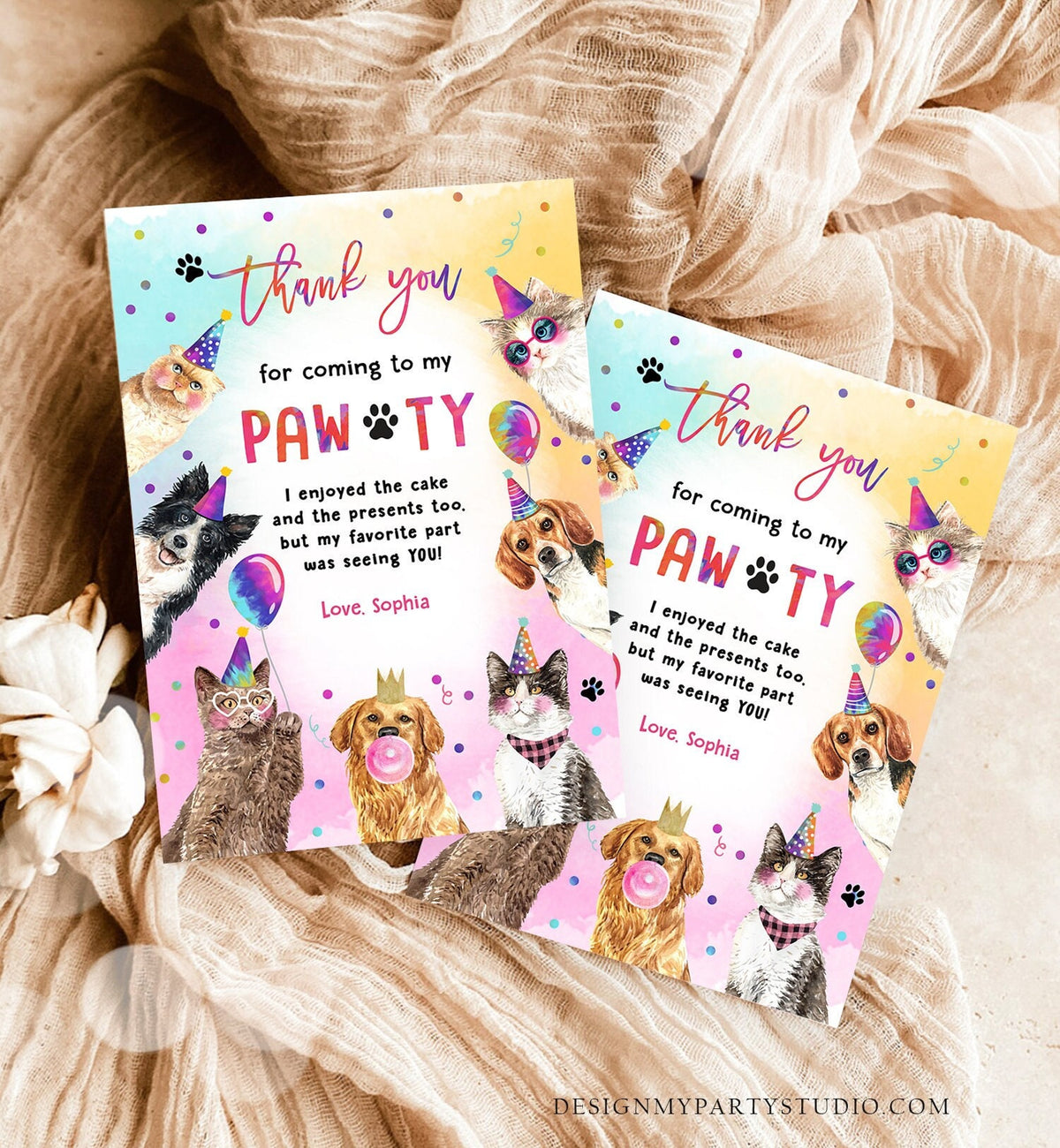 Editable Cats and Dogs Birthday Thank You Card Puppy Birthday Invite Pawty Birthday Party Animals Pet Download Printable Template Corjl 0460