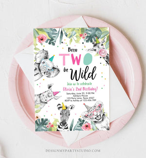 Editable Born Two Be Wild Birthday Invitation Girl Two Party Animals Pink Gold Safari Zoo Second Birthday 2nd Template Corjl Printable 0322