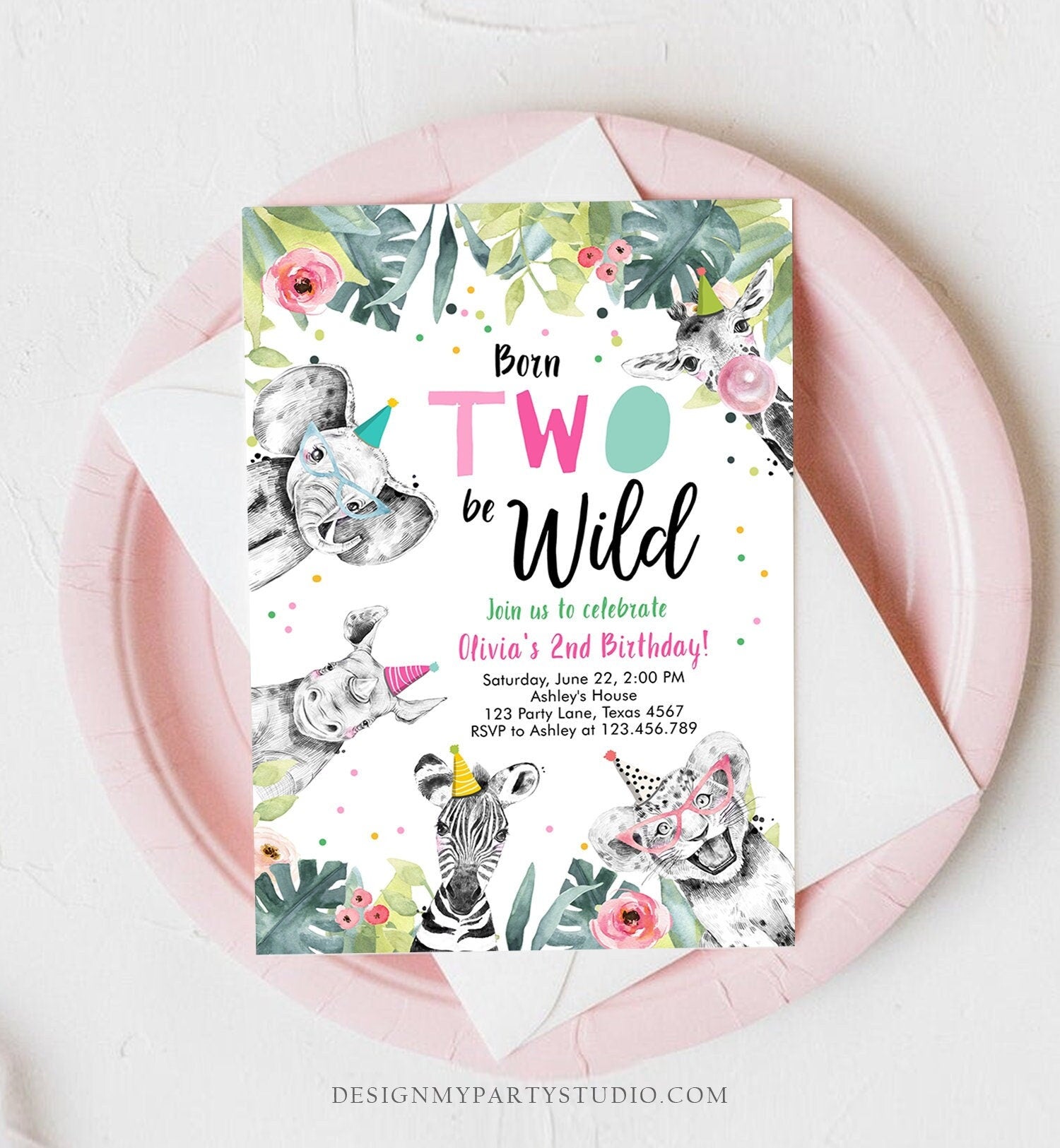 Editable Born Two Be Wild Birthday Invitation Girl Two Party Animals Pink Gold Safari Zoo Second Birthday 2nd Template Corjl Printable 0322