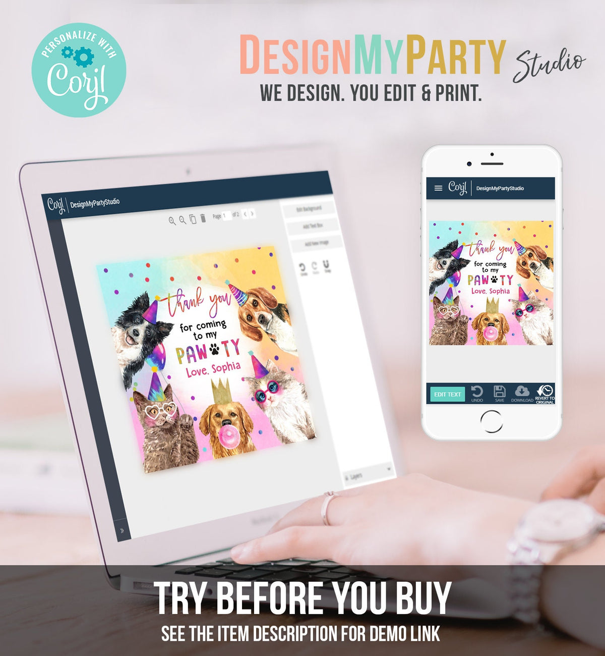 Editable Cats and Dogs Birthday Favor Tags Puppy Birthday Thank you Tag Kitten Pet Party Animals Stickers Digital Template PRINTABLE 0460