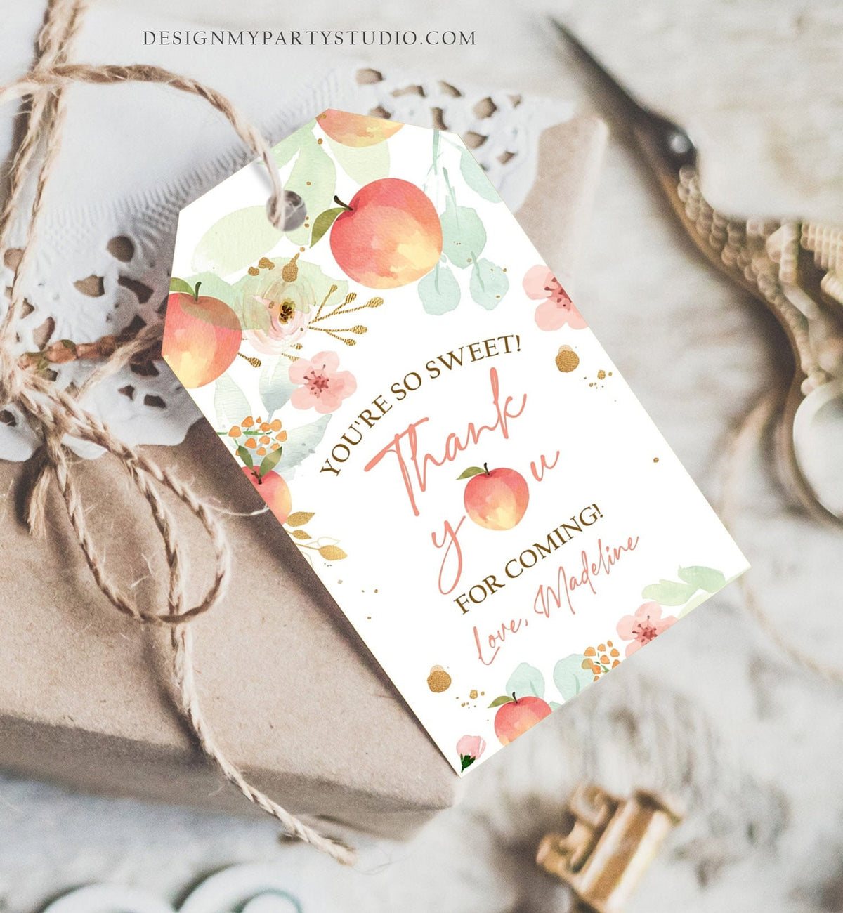 Editable Peach Favor Thank You Tags Little Peach Birthday Party Girl Summer Floral Gold Gift Goodie Bag Labels Corjl Template PRINTABLE 0401