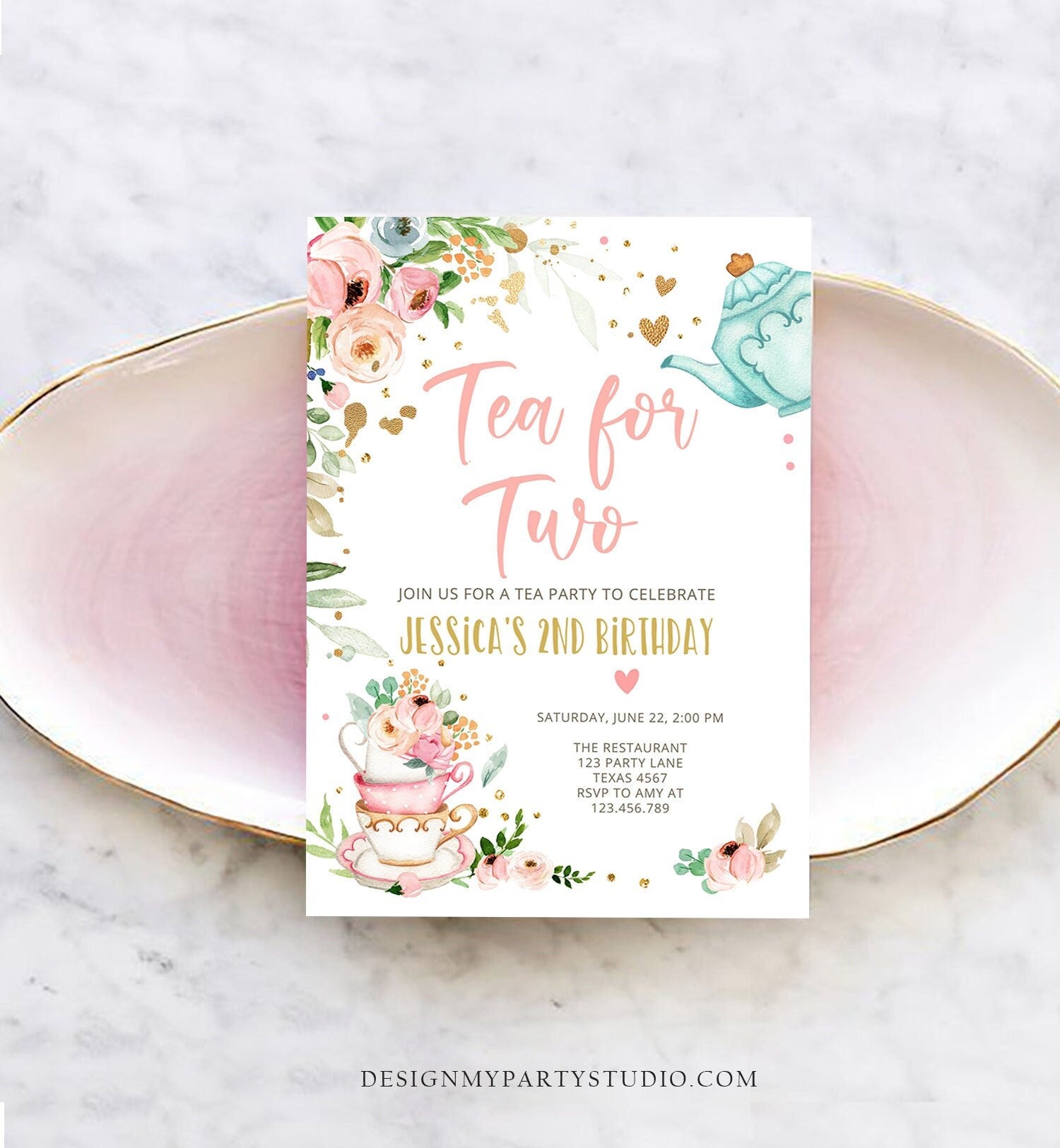 Editable Tea for Two Birthday Invitation Girl Tea Party Invite Pink Gold Floral Peach Pink Digital Download Evite Template Printable0349