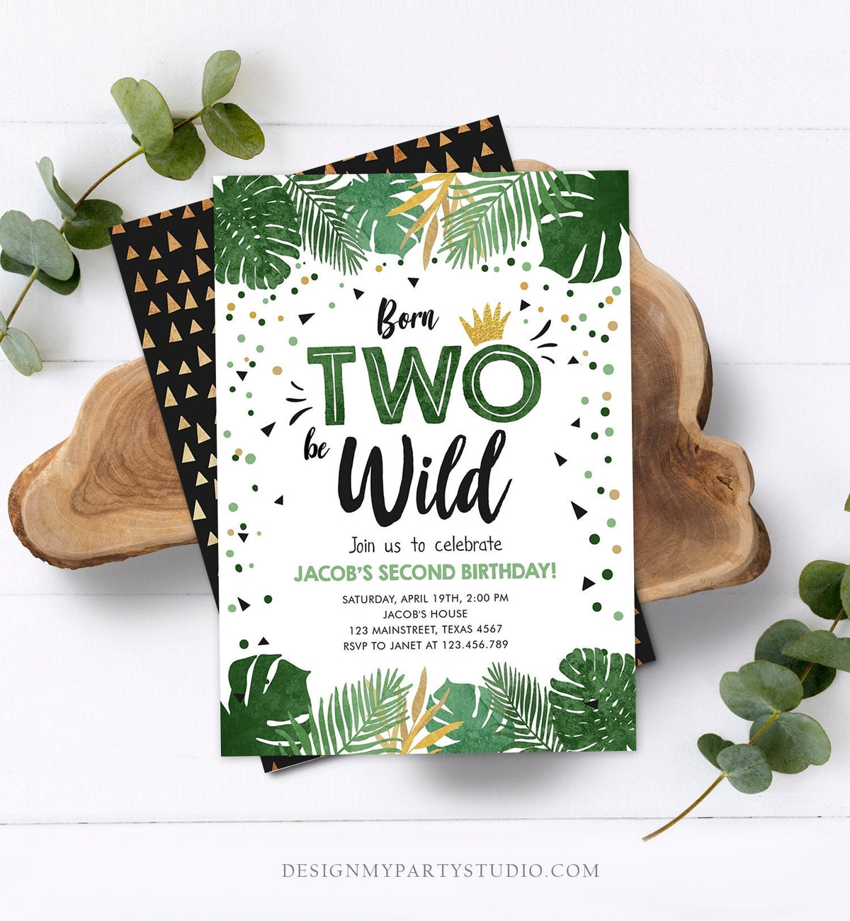 Editable Born Two be Wild Birthday Invitation Boy Tropical Safari Boy Gold Jungle Second Birthday 2nd Download Corjl Template Printable 0332