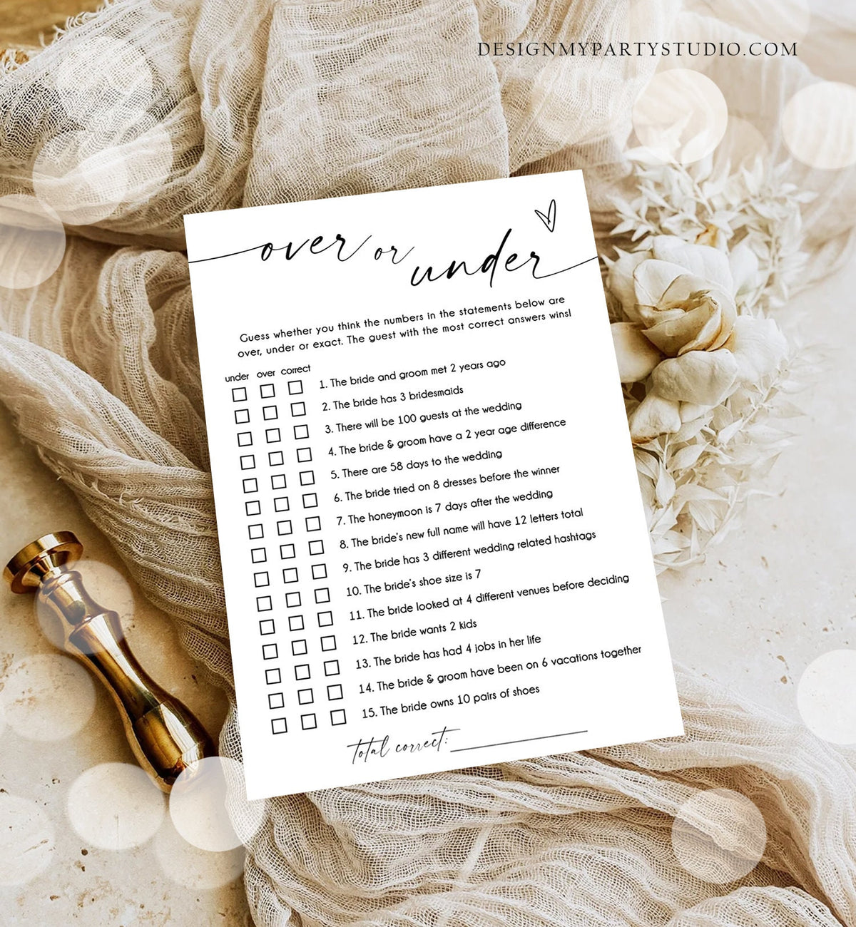 Editable Over Or Under Bridal Shower Game Minimalist Modern Wedding Activity Couples Wedding Activity Corjl Template Printable 0493