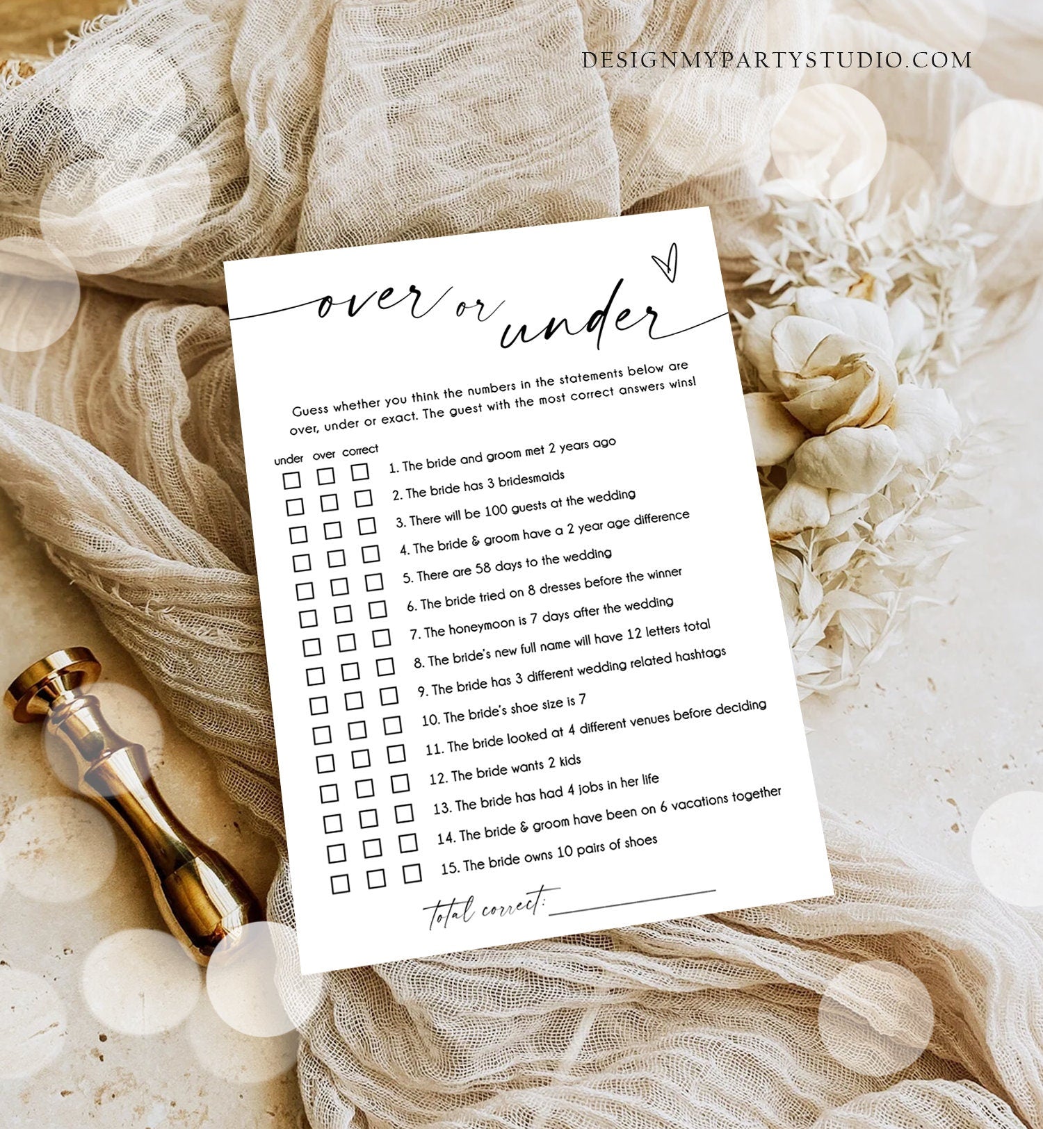 Editable Over Or Under Bridal Shower Game Minimalist Modern Wedding Activity Couples Wedding Activity Corjl Template Printable 0493