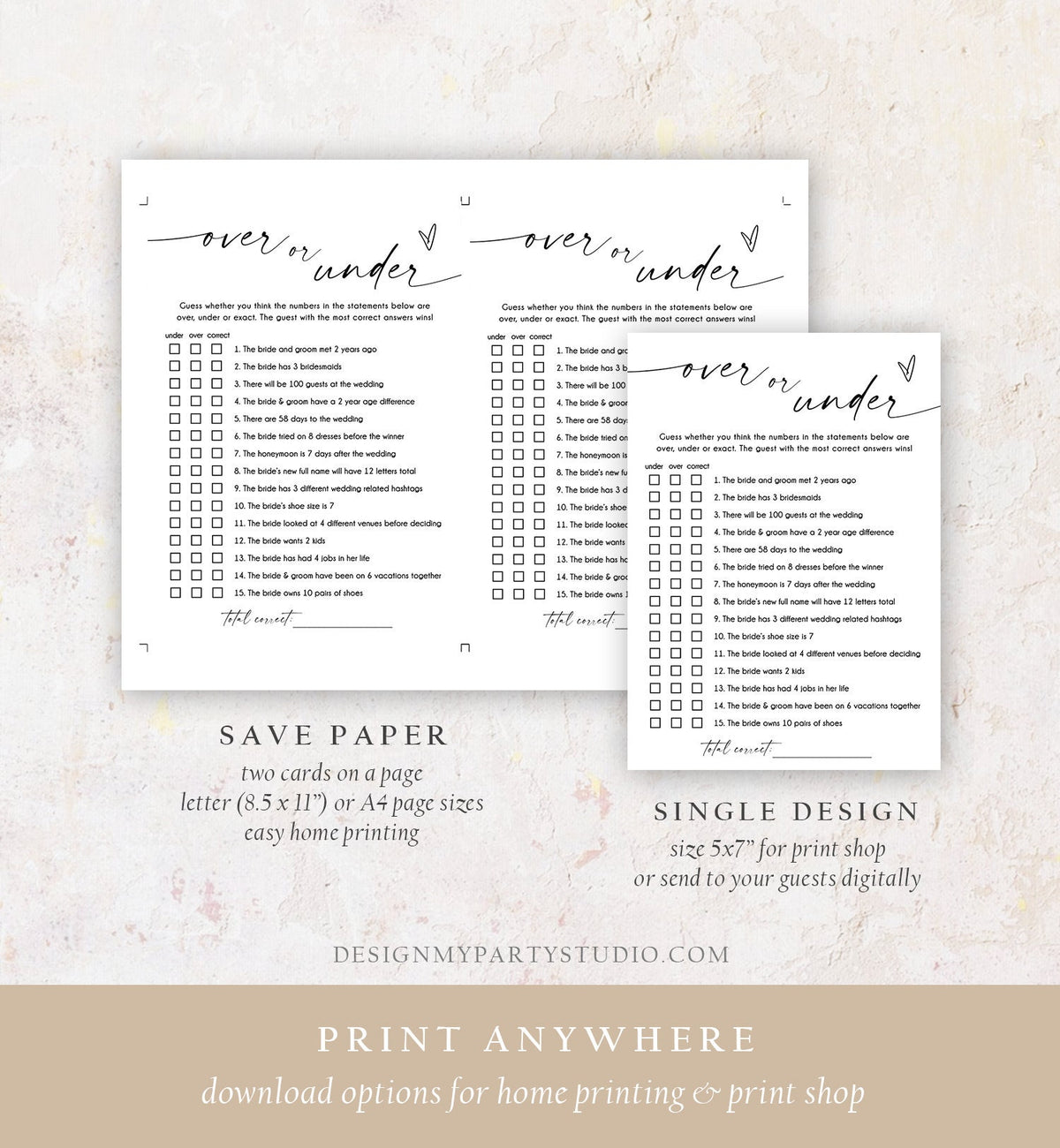 Editable Over Or Under Bridal Shower Game Minimalist Modern Wedding Activity Couples Wedding Activity Corjl Template Printable 0493