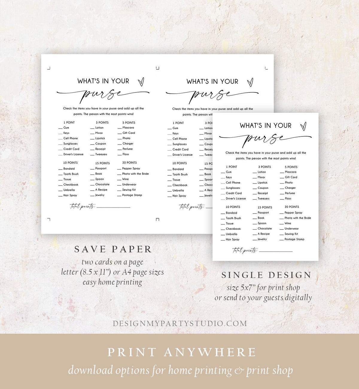 Editable What&#39;s in Your Purse Bridal Shower Game Minimalist Modern Wedding Activity Shower Activity Corjl Template Printable 0493