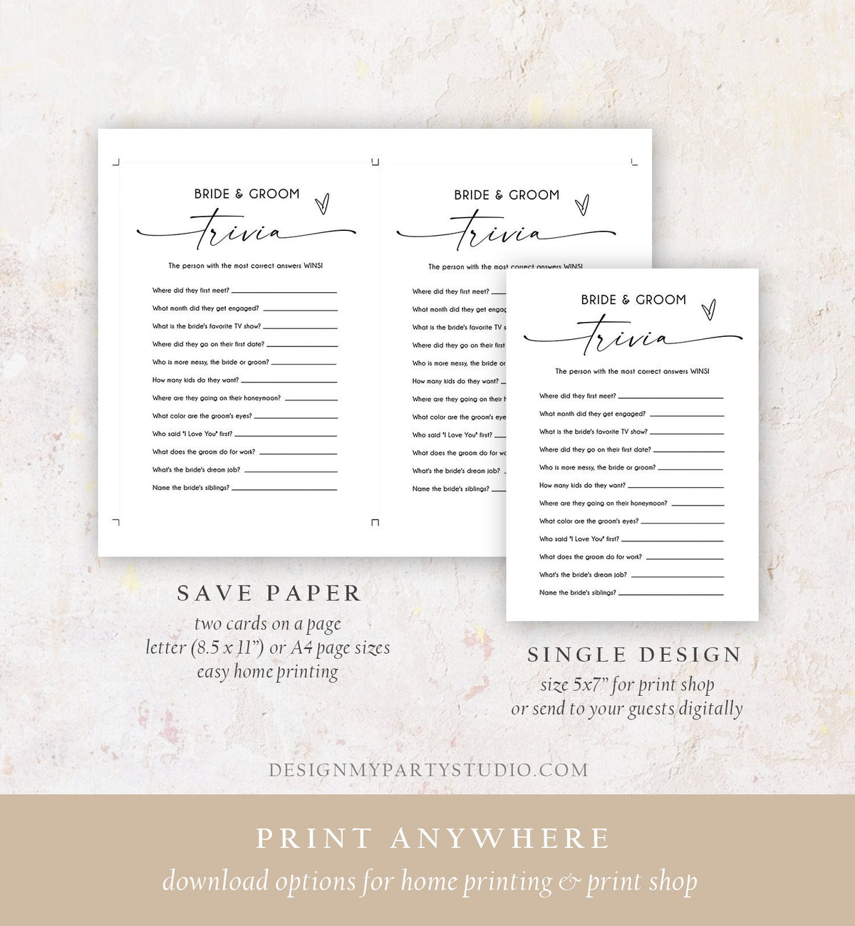 Editable Bride and Groom Trivia Bridal Shower Game Minimalist Modern Wedding Activity Questions Corjl Template Printable 0493