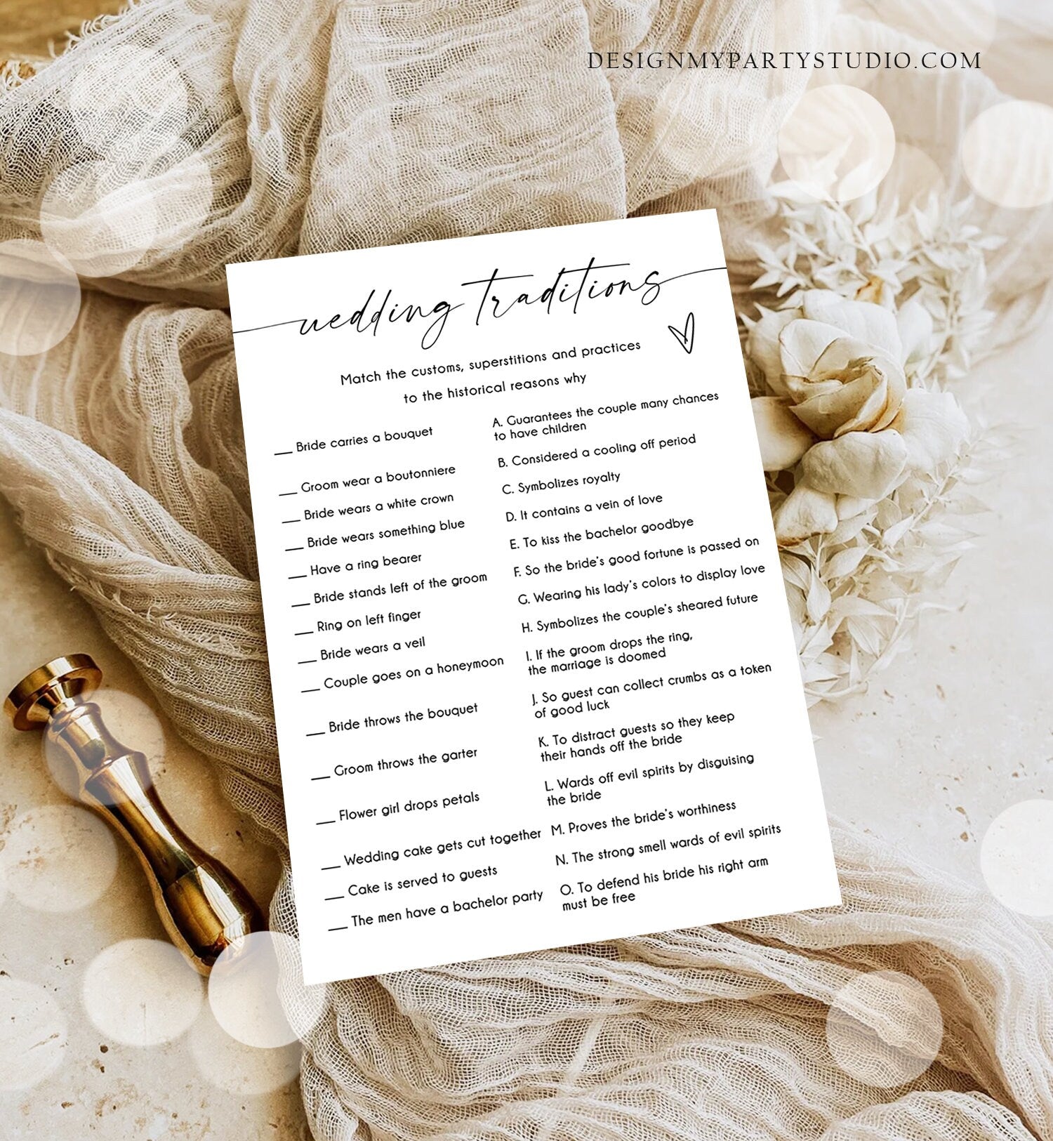 Editable Wedding Traditions Bridal Shower Game Minimalist Modern Wedding Activity Questions Corjl Template Printable 0493