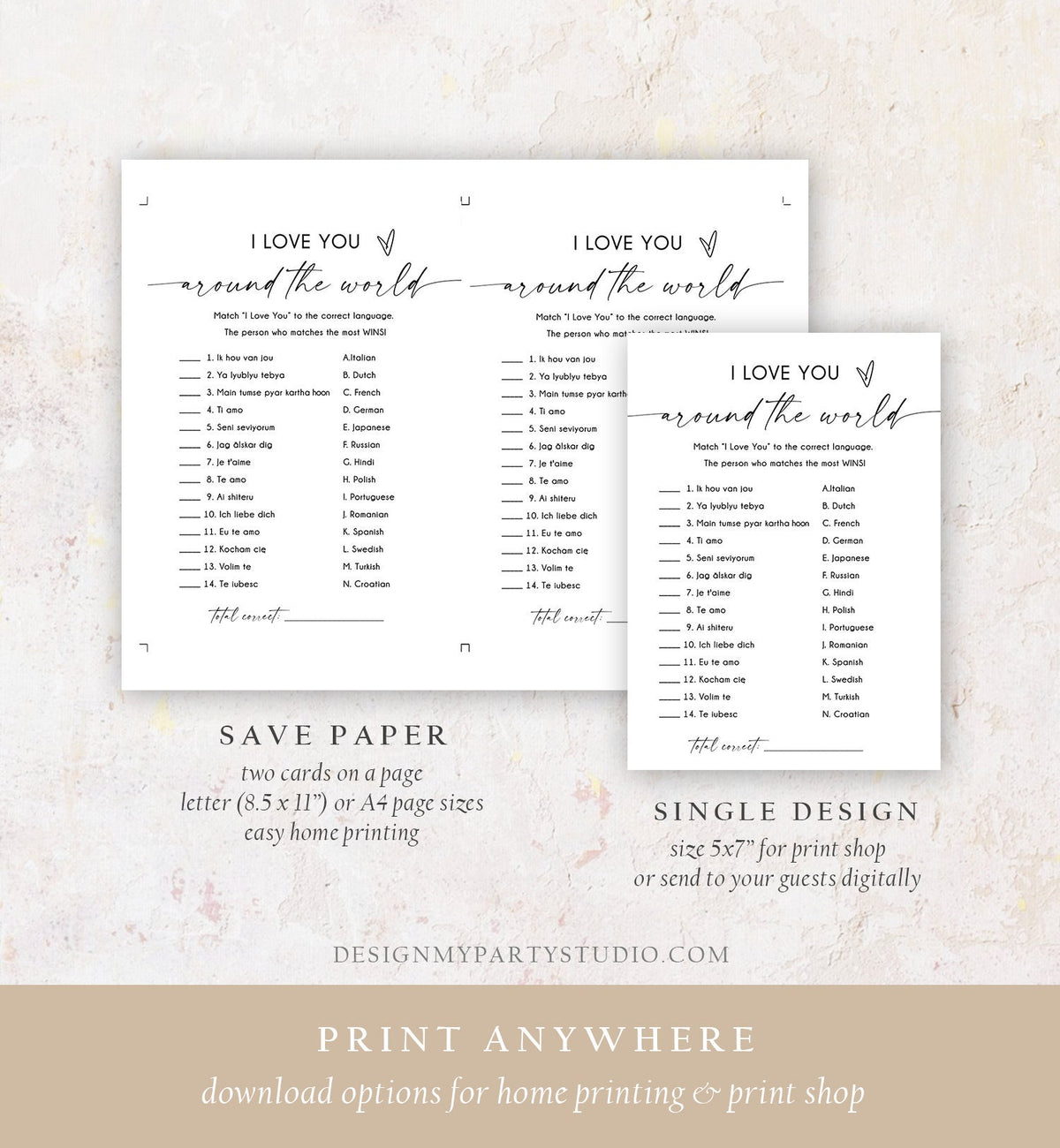 Editable I Love You Around the World Bridal Shower Game Minimalist Modern Wedding Activity Questions Corjl Template Printable 0493