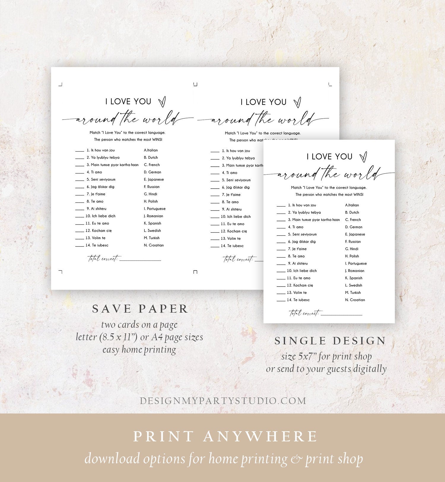 Editable I Love You Around the World Bridal Shower Game Minimalist Modern Wedding Activity Questions Corjl Template Printable 0493