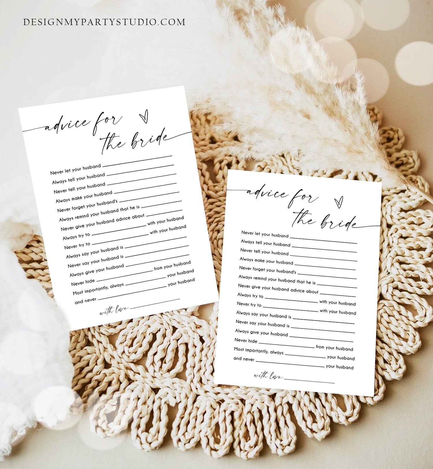 Editable Advice for the Bride Bridal Shower Game Minimalist Modern Wedding Activity Questions Corjl Template Printable 0493