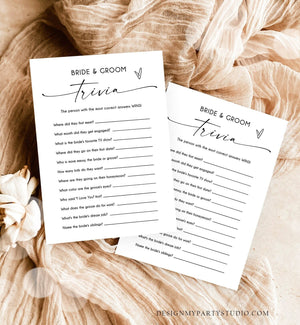 Editable Bride and Groom Trivia Bridal Shower Game Minimalist Modern Wedding Activity Questions Corjl Template Printable 0493