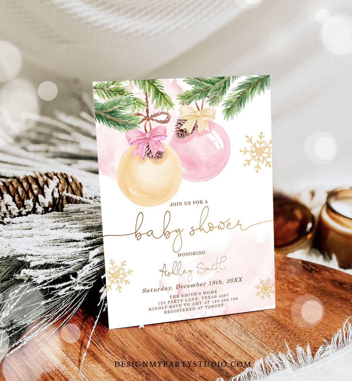 Editable Winter Baby Shower Invitation Baby It&#39;s Cold Outside Christmas Couples Girl Blush Pink Watercolor Digital Template Printable 0490