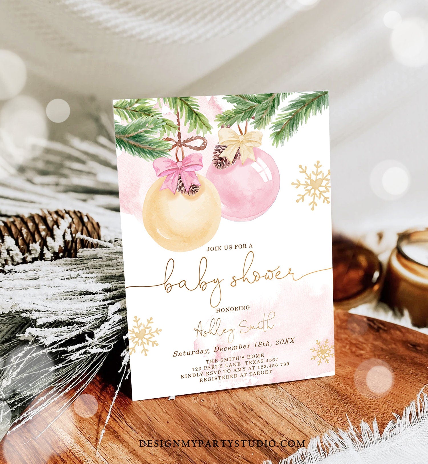 Editable Winter Baby Shower Invitation Baby It's Cold Outside Christmas Couples Girl Blush Pink Watercolor Digital Template Printable 0490
