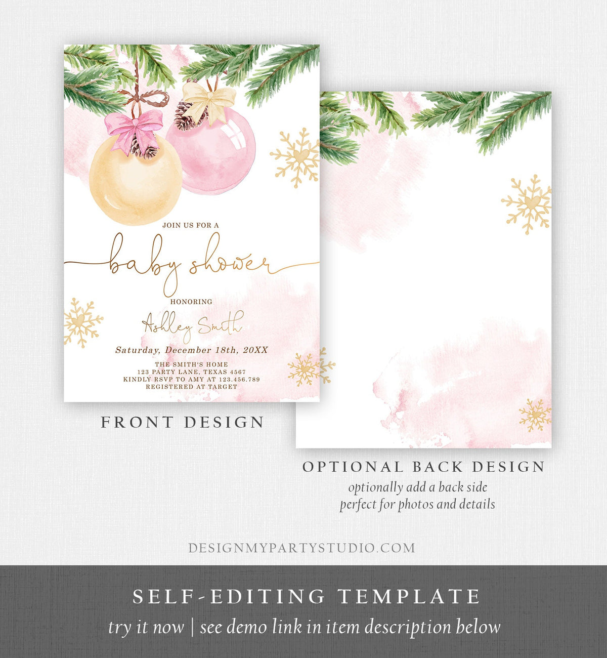 Editable Winter Baby Shower Invitation Baby It&#39;s Cold Outside Christmas Couples Girl Blush Pink Watercolor Digital Template Printable 0490