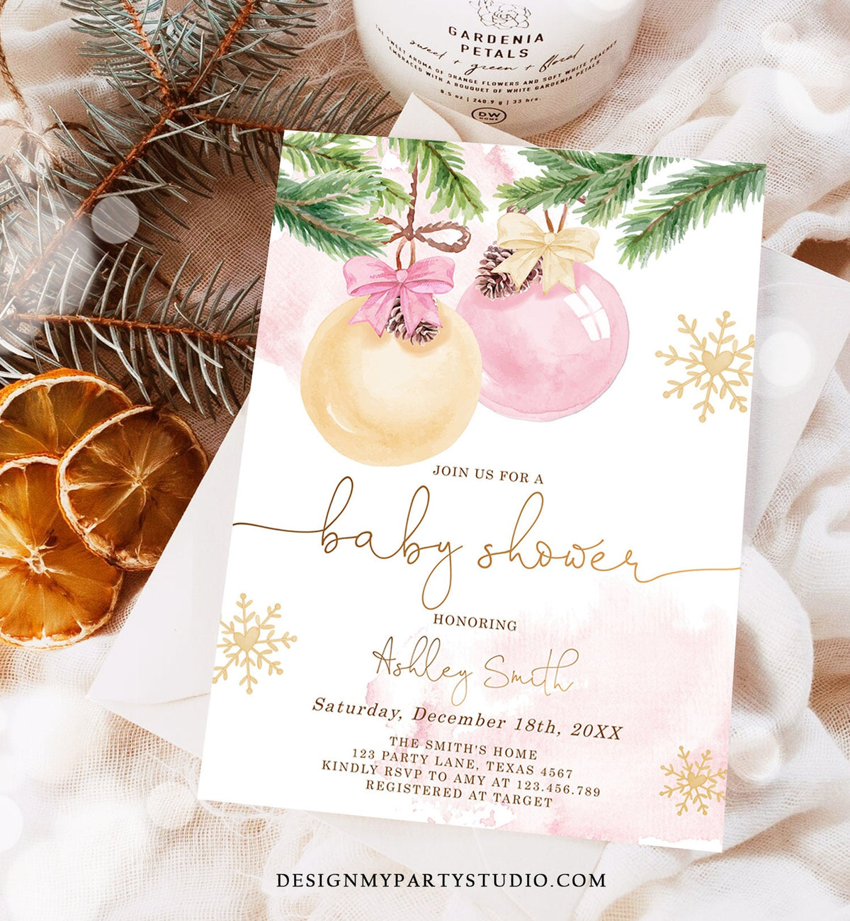 Editable Winter Baby Shower Invitation Baby It&#39;s Cold Outside Christmas Couples Girl Blush Pink Watercolor Digital Template Printable 0490