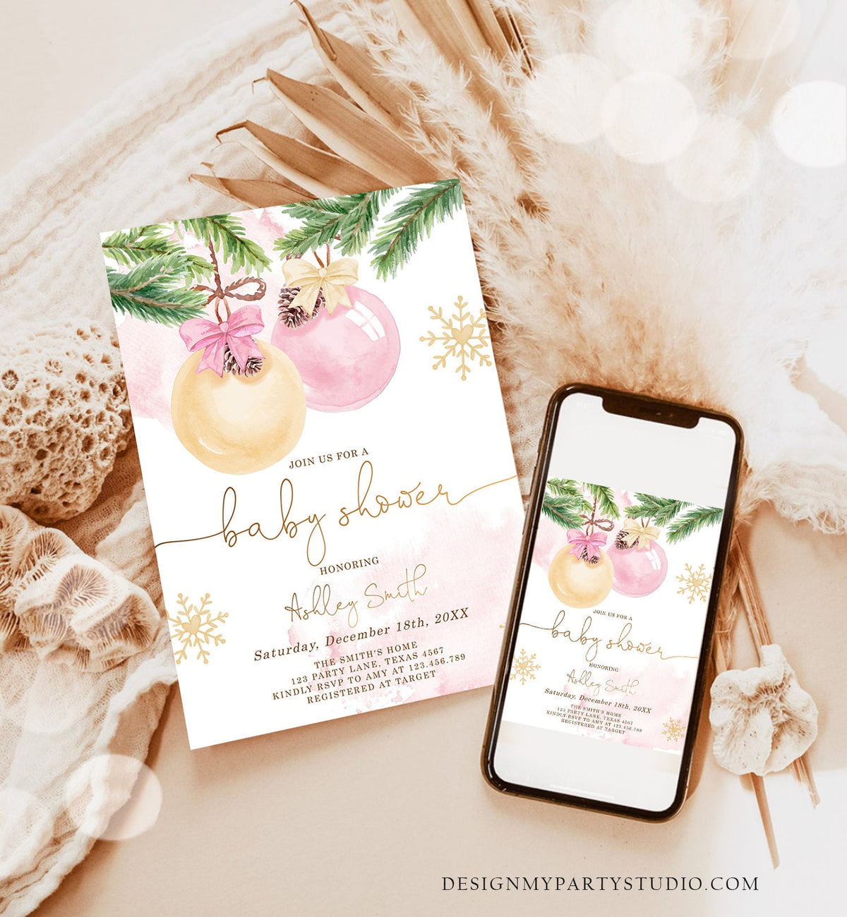 Editable Winter Baby Shower Invitation Baby It&#39;s Cold Outside Christmas Couples Girl Blush Pink Watercolor Digital Template Printable 0490