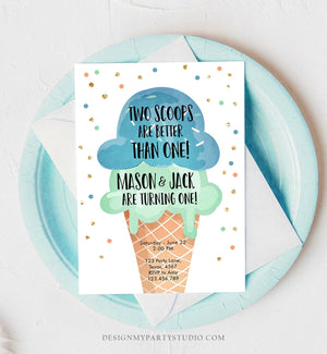 Editable Twin Ice Cream Birthday Invitation First Birthday Two is Better Than One Yellow Mint Joint Boy Blue Printable Template Corjl 0243