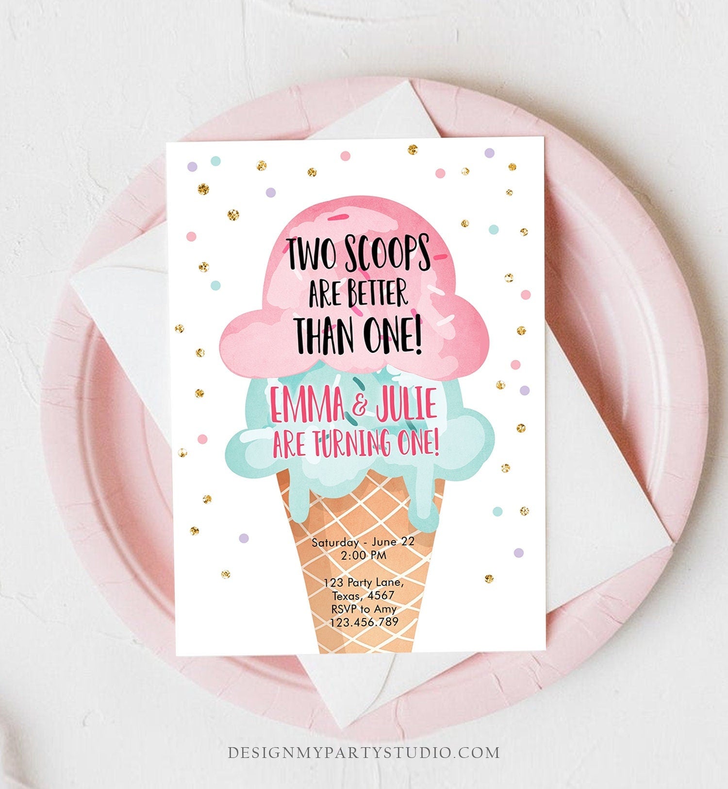 Editable Twin Ice Cream Birthday Invitation First Birthday Two is Better Than One Pink Mint Gold Download Printable Template Corjl 0243