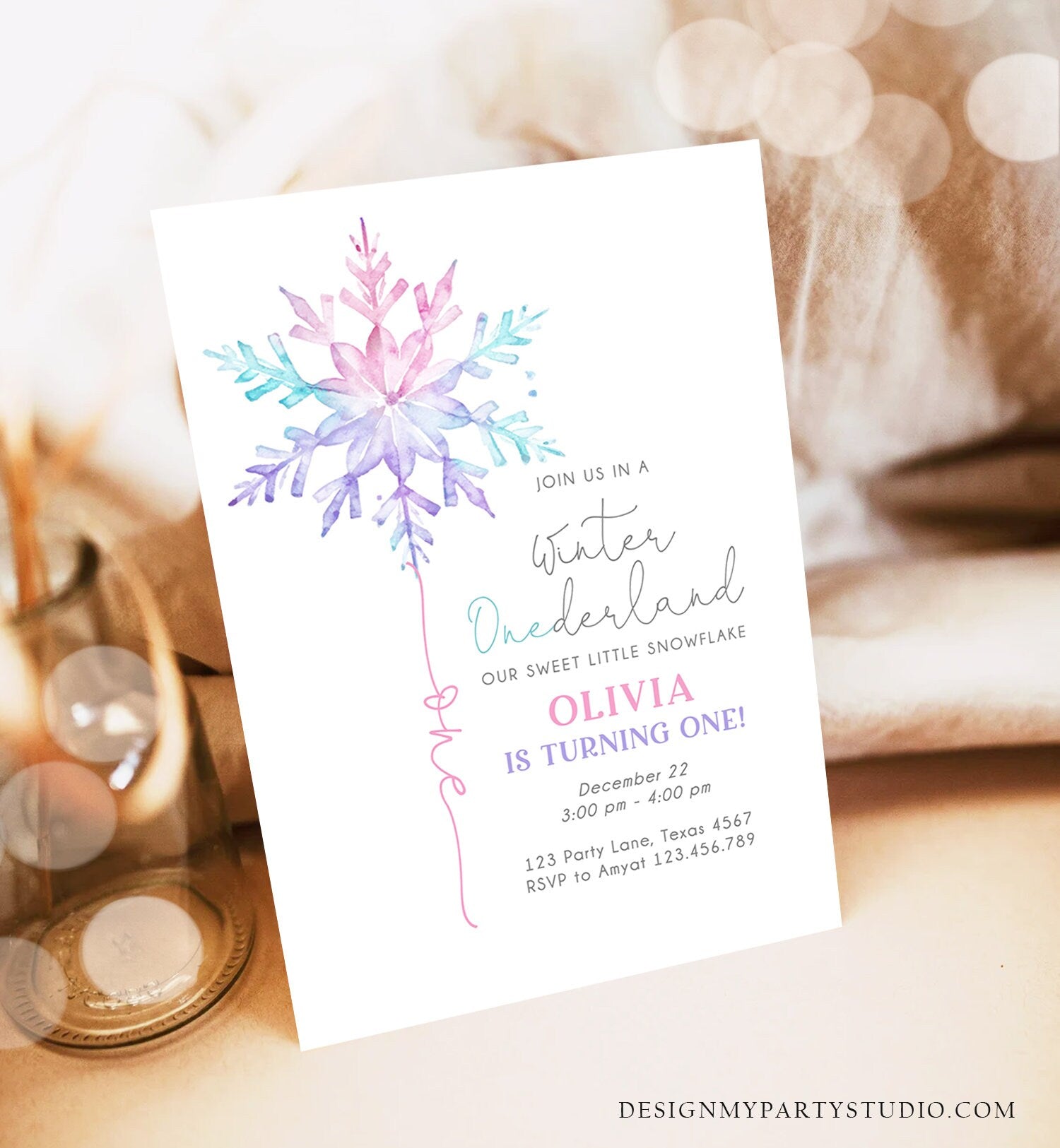 Editable Winter ONEderland Birthday Invitation First Birthday 1st Girl Pink Purple Snowflake Watercolor Minimalist Corjl Template 0494