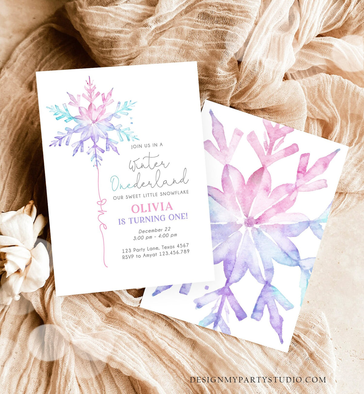 Editable Winter ONEderland Birthday Invitation First Birthday 1st Girl Pink Purple Snowflake Watercolor Minimalist Corjl Template 0494